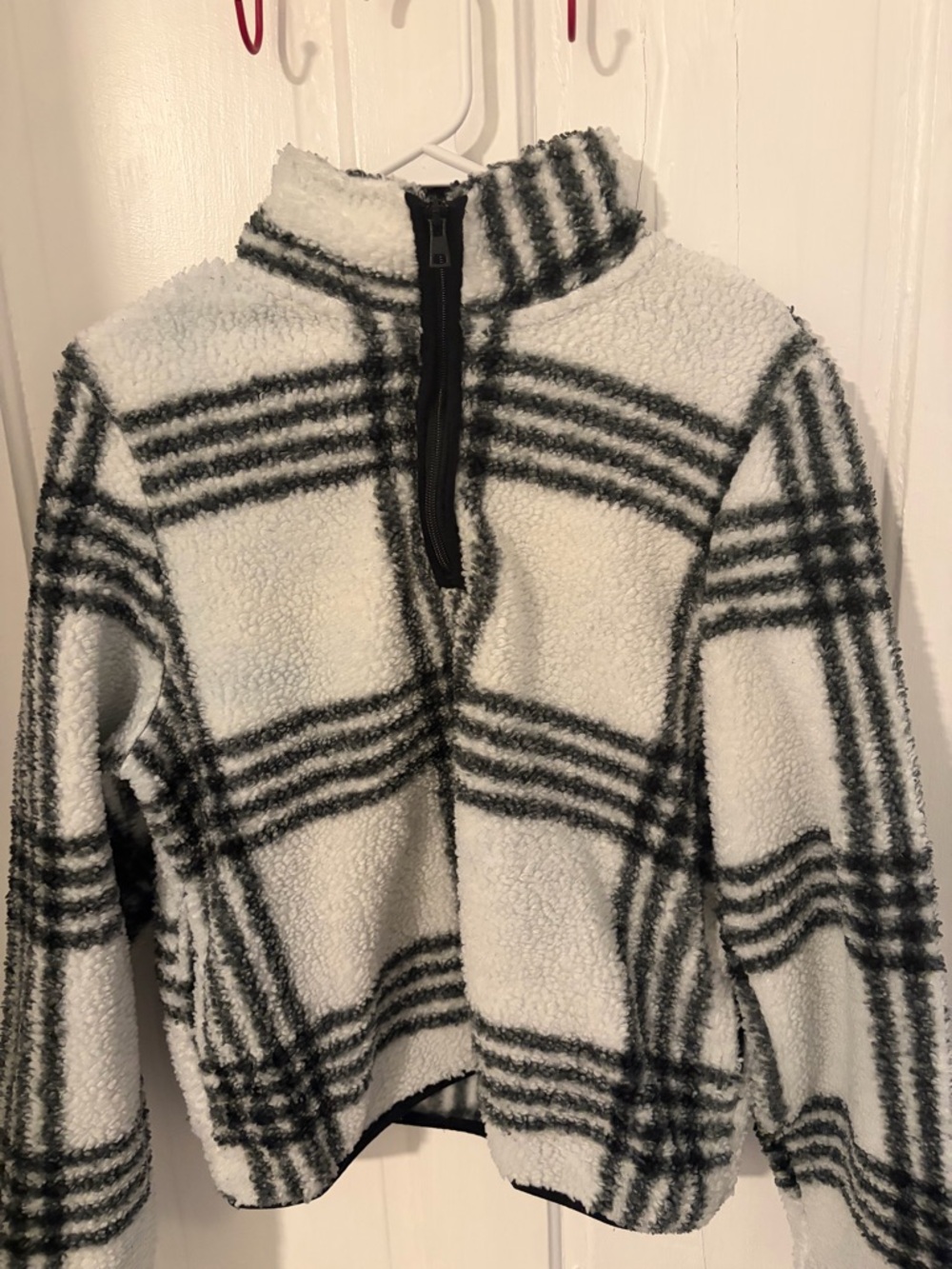 Cozy Black & White Plaid Sherpa Half-Zip Sweater
